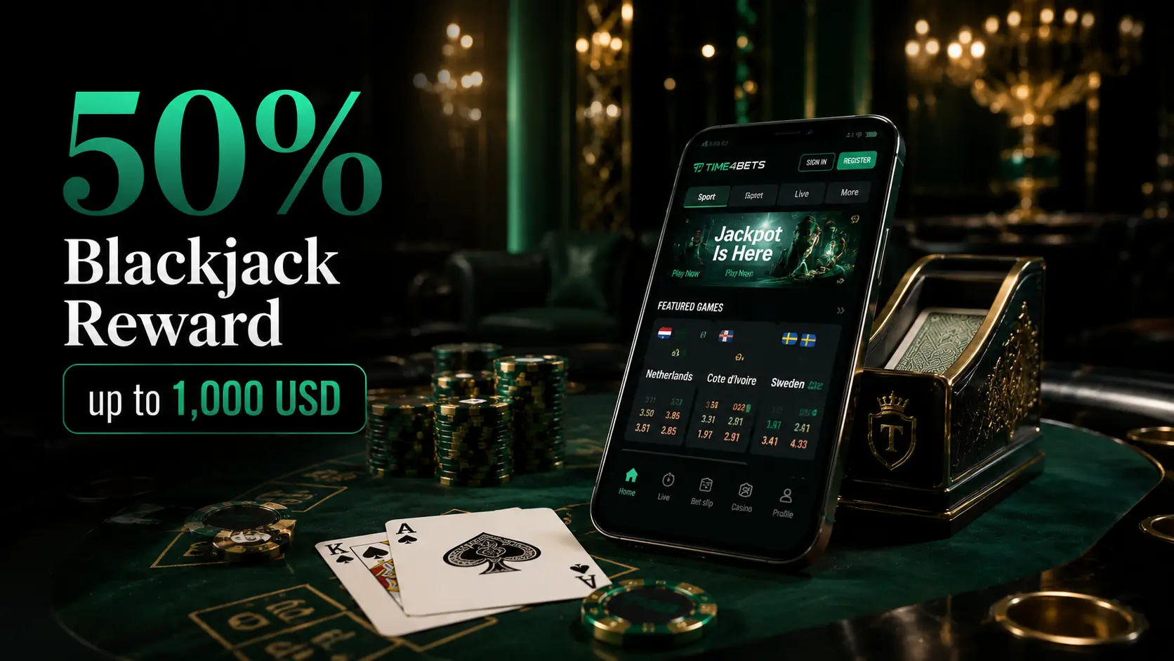 50% Blackjack Reward up to 1,000 USD